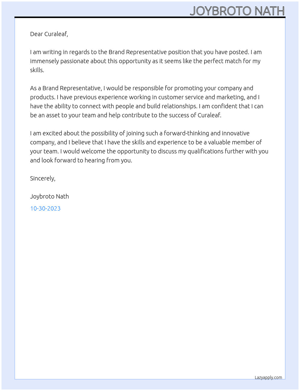 Brand Representative  At Curaleaf Cover Letter