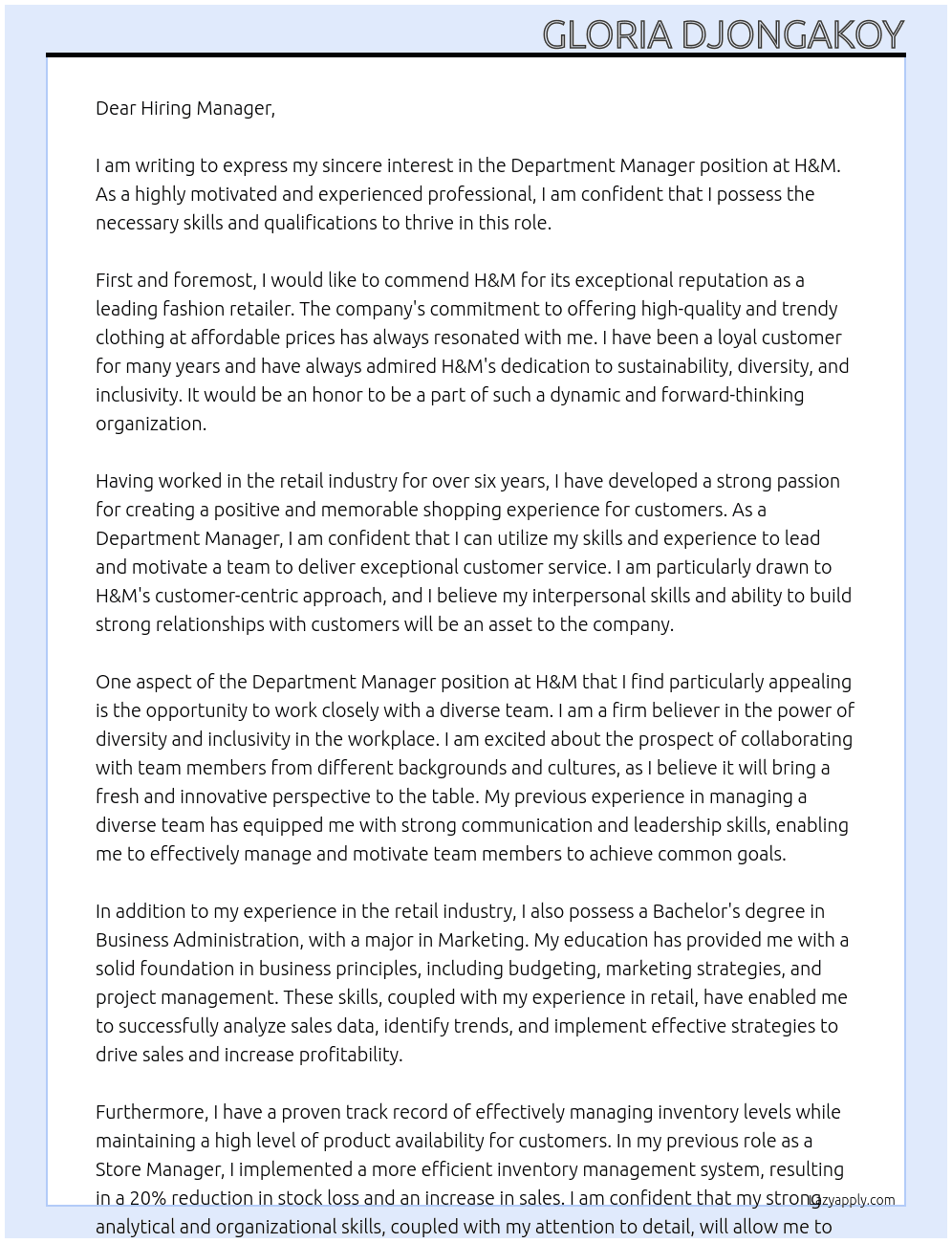 Department Manager At H&M  Cover Letter