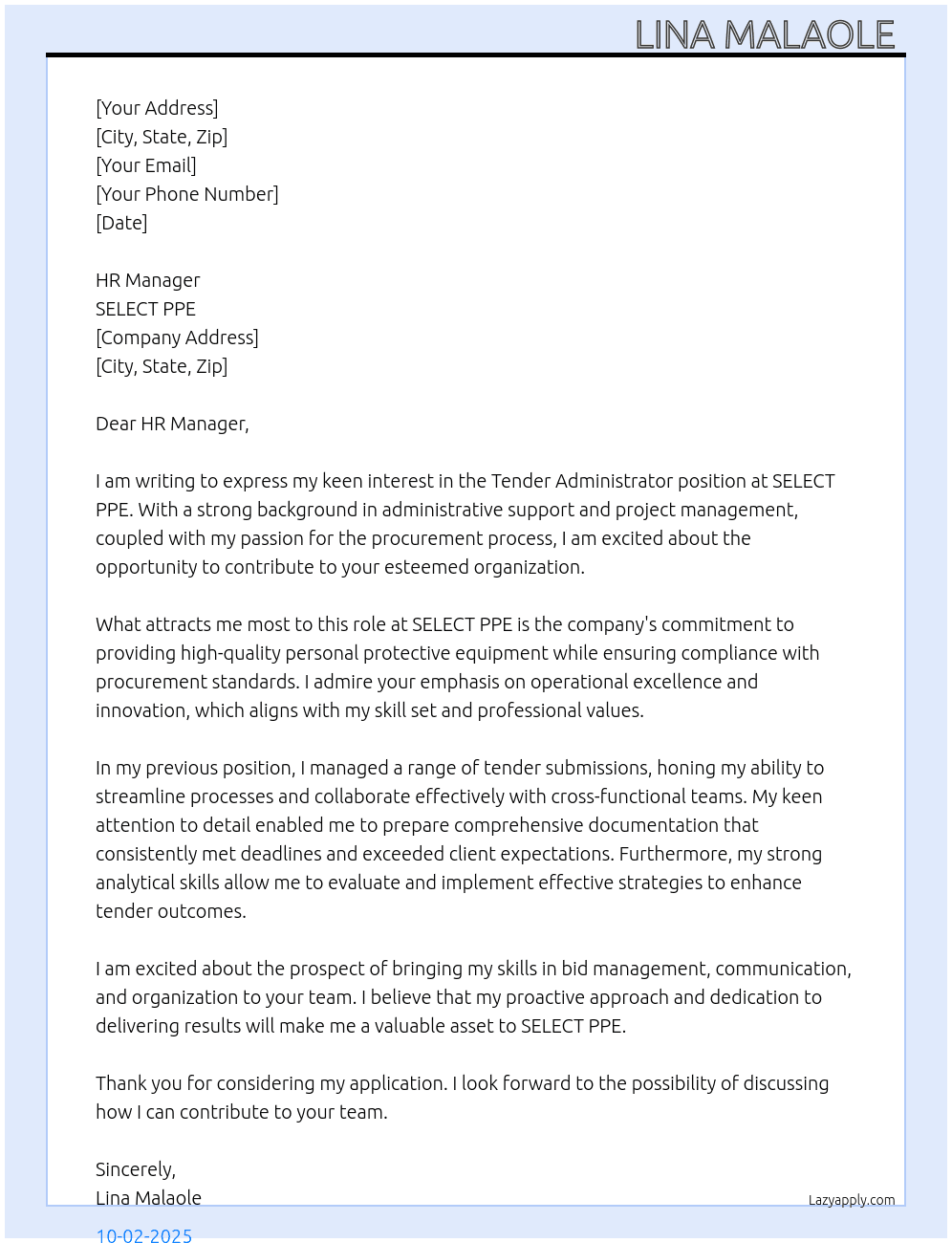 Cover letter for tender administrator - LazyApply