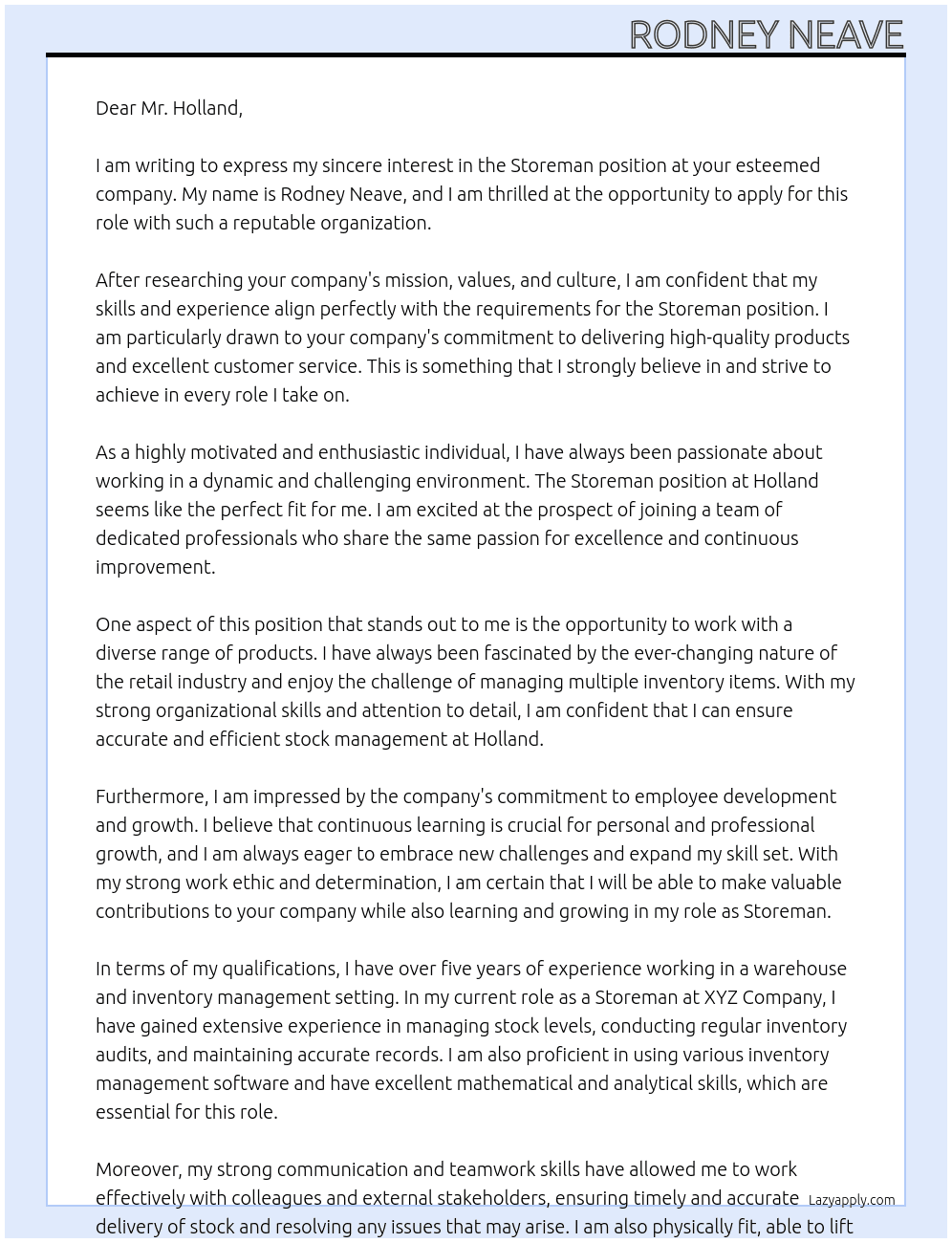 Storeman At Holland Cover Letter