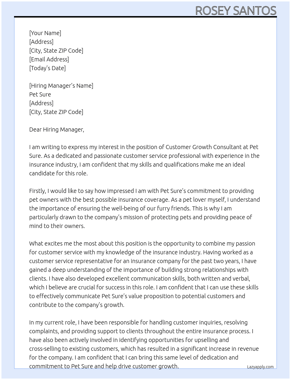Customer Growth Consultant At Pet sure Cover Letter
