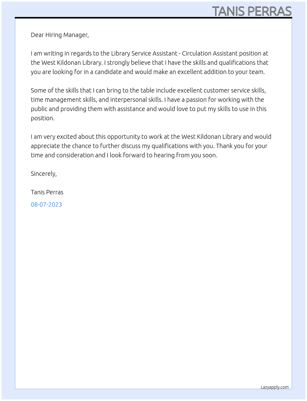 Library Service Assistant  - Circulation Assistant At West Kildonan Library Cover Letter