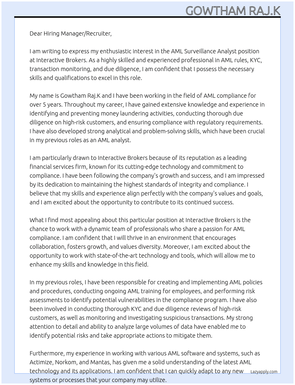 AML Survellince Analyst At Interactive Brokers  Cover Letter