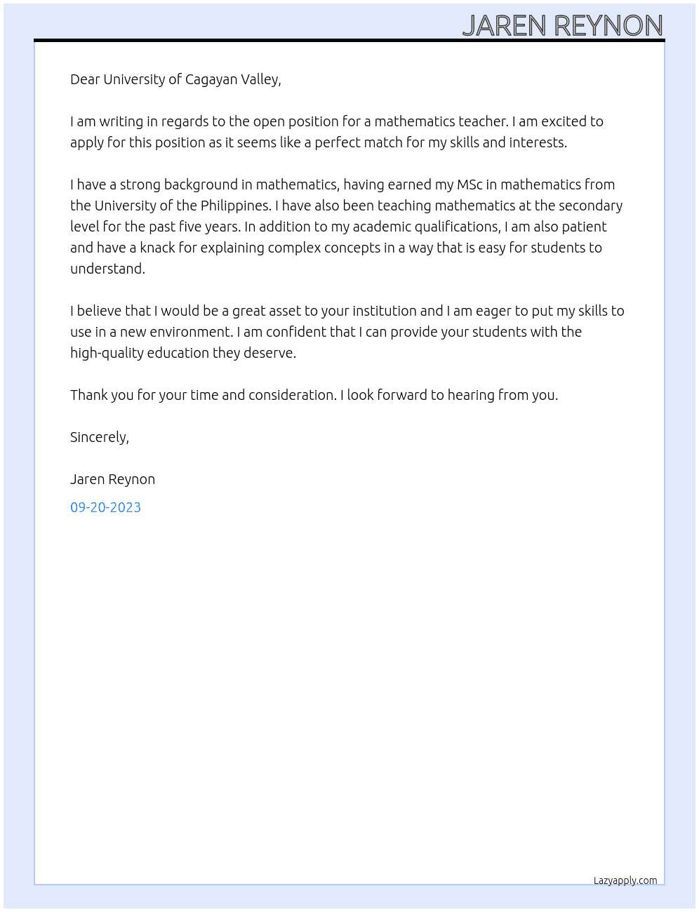 Mathematics teacher At University of Cagayan Valley Cover Letter