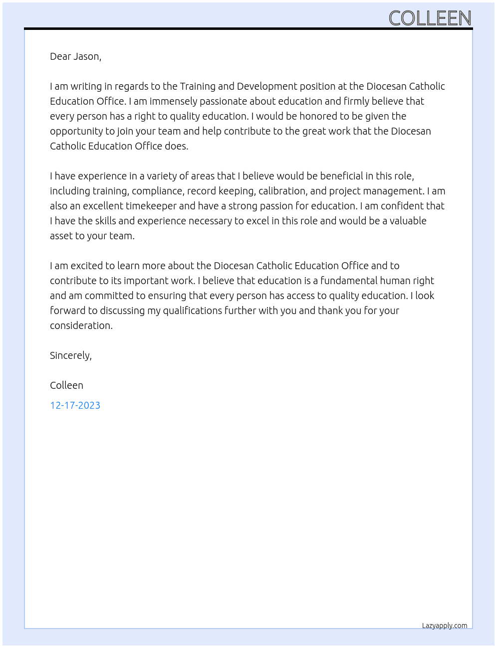 Training and development At Diocesan Catholic Education Office Cover Letter