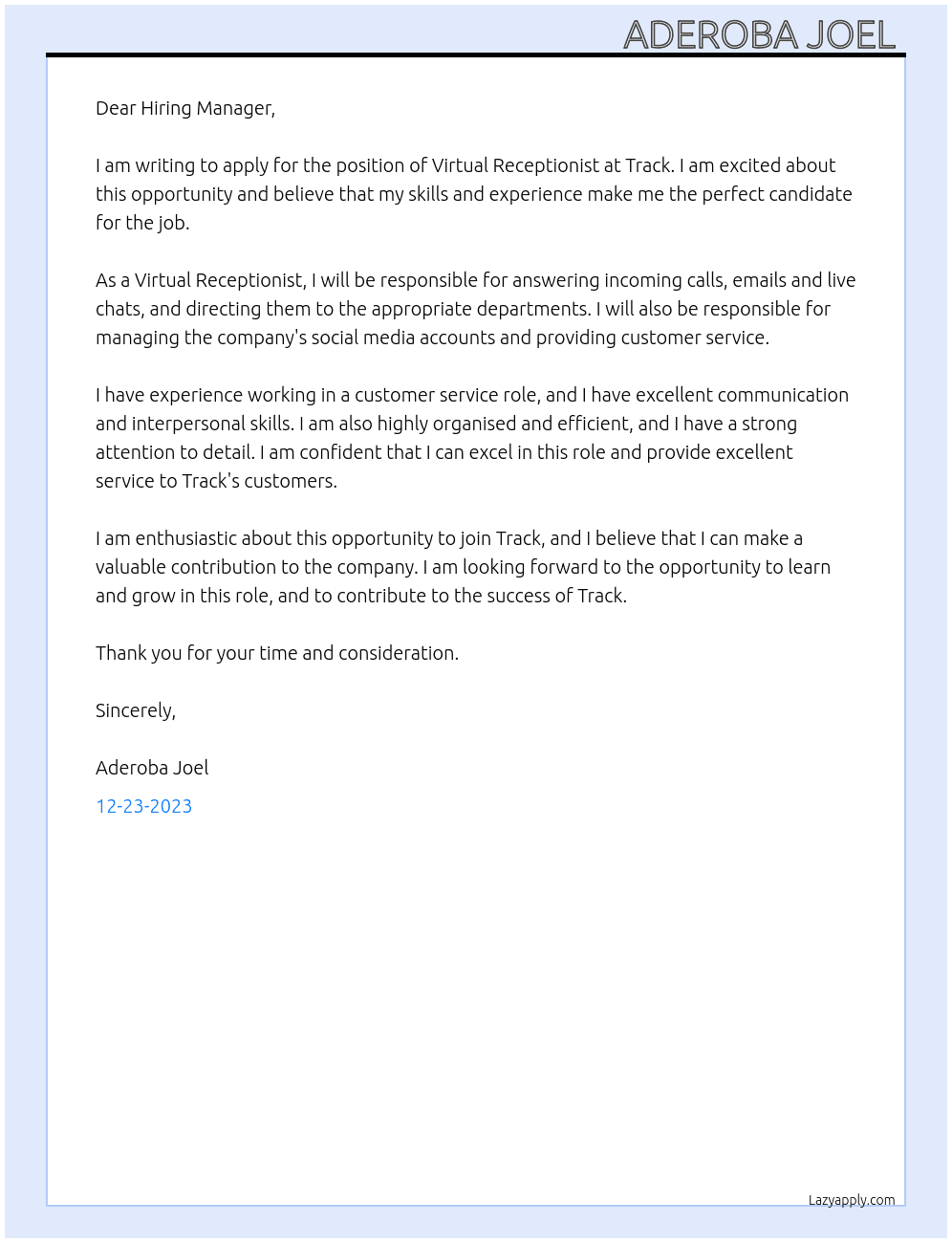 Virtual receptionist  At Track Cover Letter