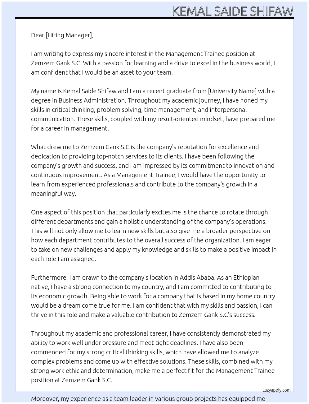Management Trainee At Zemzem Gank S.C Cover Letter
