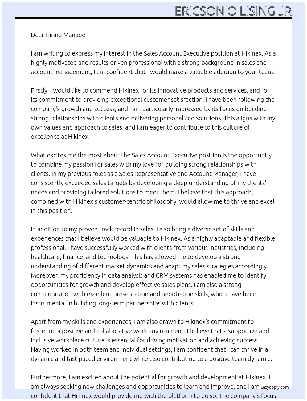 Sales Account Executive At Hikinex Cover Letter