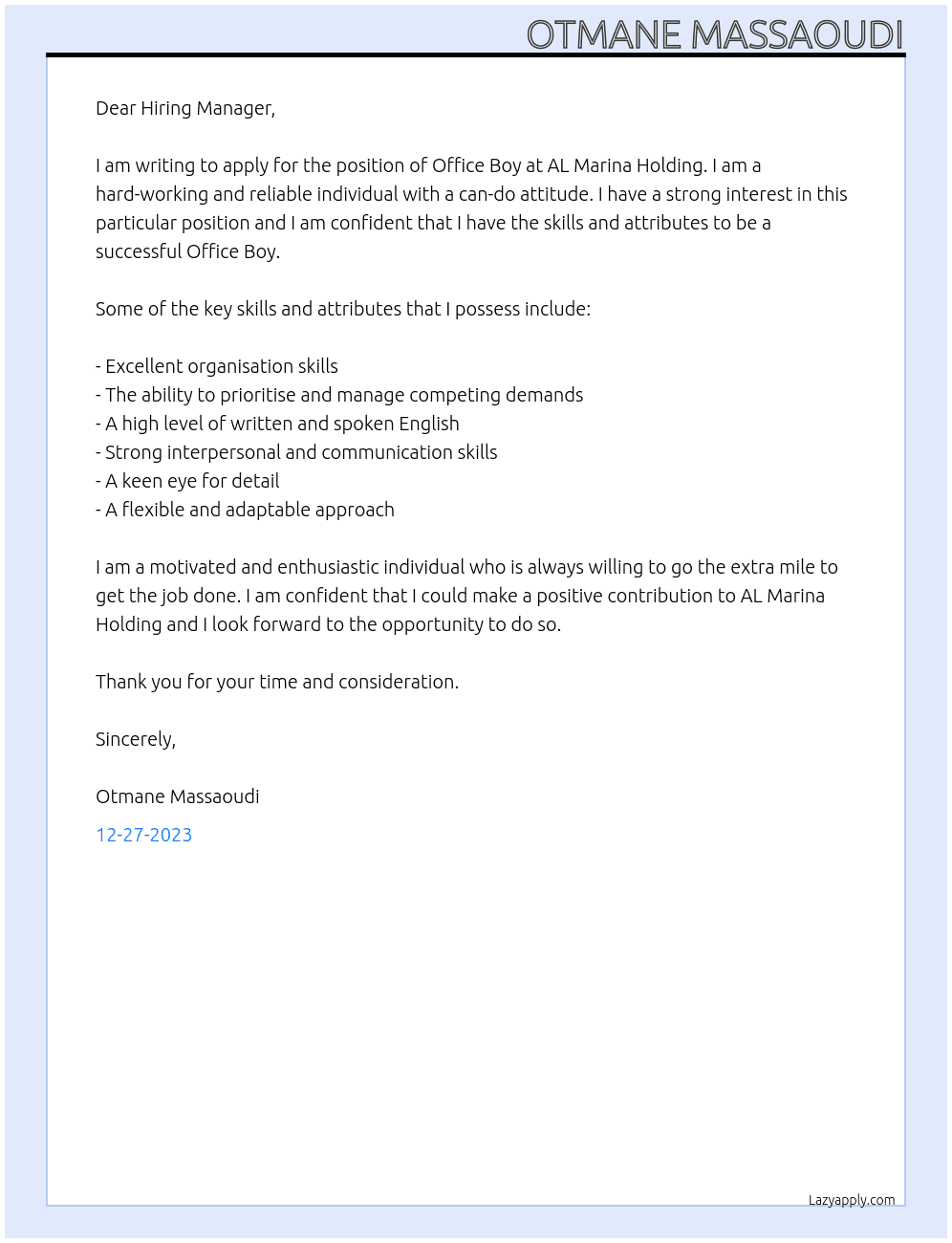 Office boy  At AL Marina Holding Cover Letter
