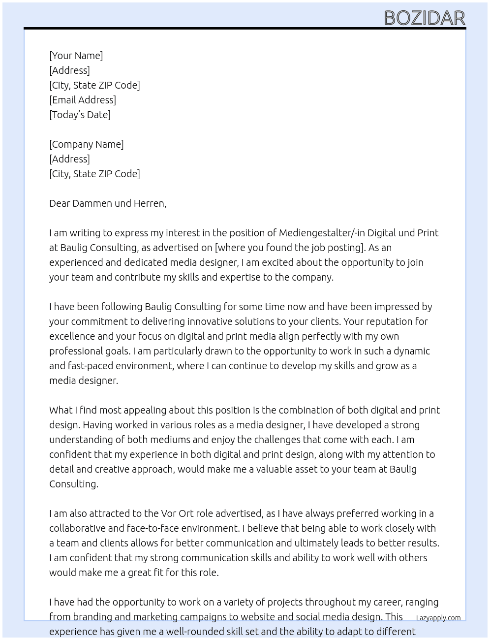 Mediengestalter/-in Digital und Print At Baulig Consulting Cover Letter