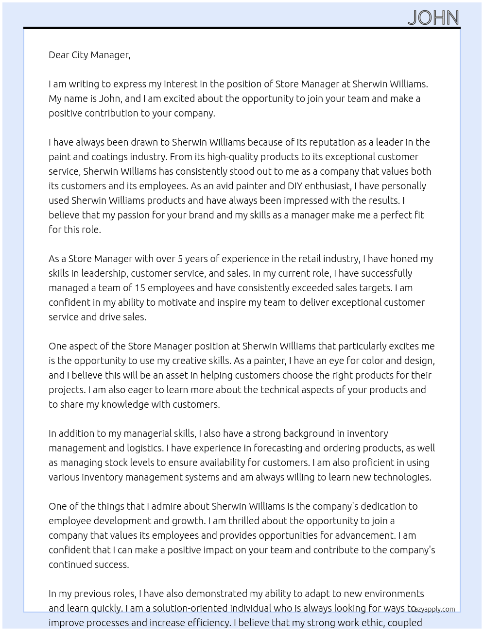 store manager At sherwin williams Cover Letter