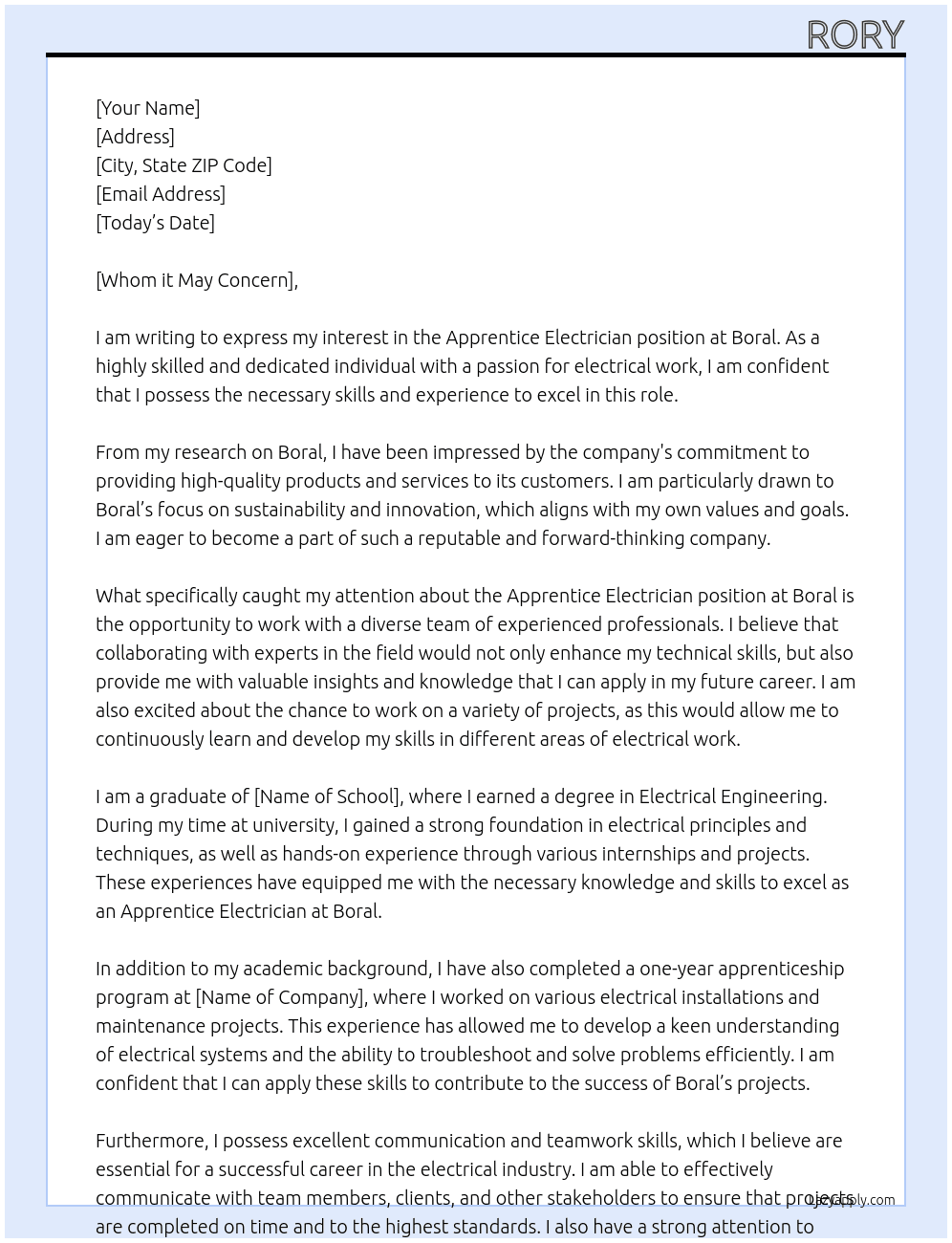 Apprentice Electrician At Boral Cover Letter