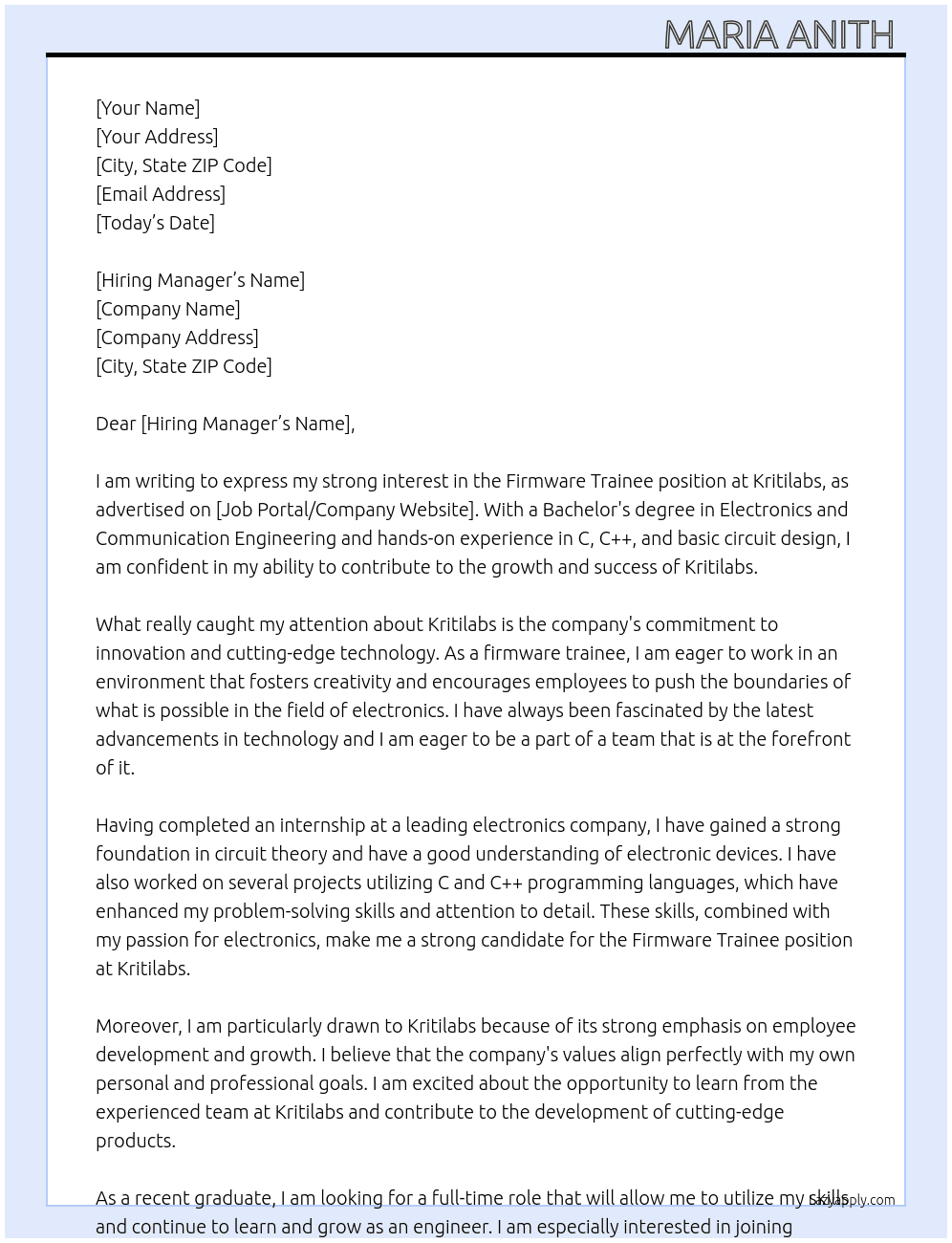 Firmware trainee At Kritilabs Cover Letter