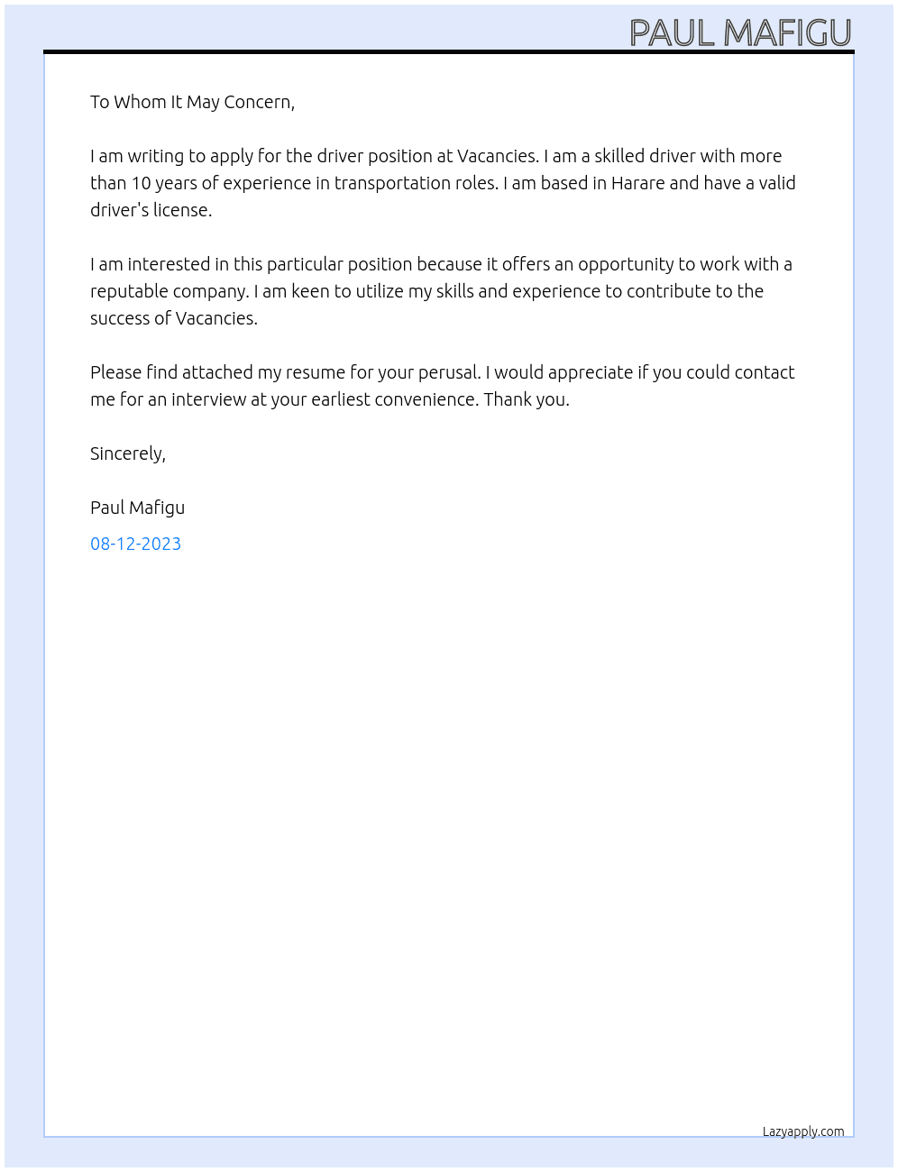 driver At Vacancies Cover Letter