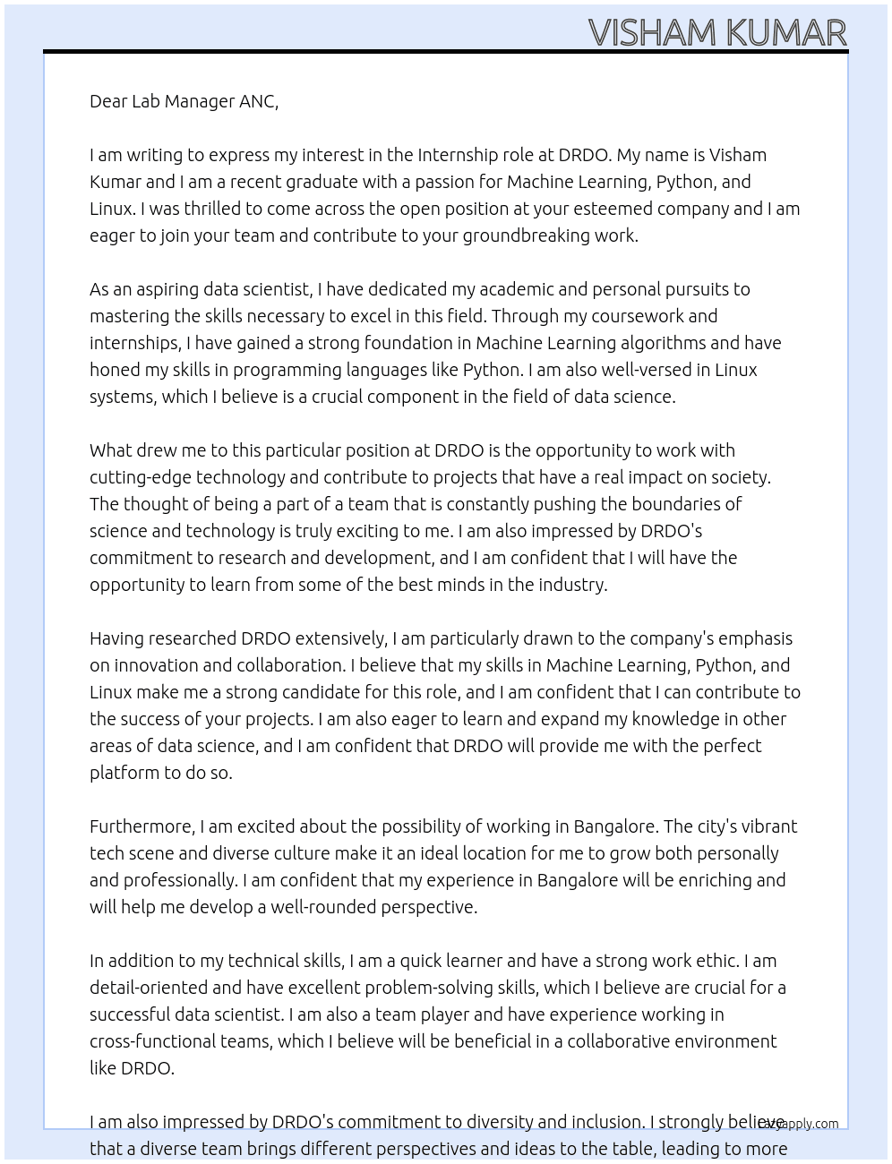 INTERNSHIP AT DRDO At DRDO Cover Letter