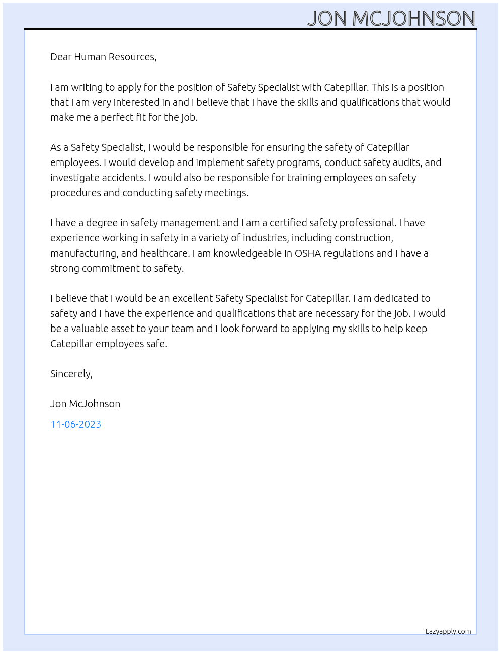 Safety Specialist At Catepillar Cover Letter