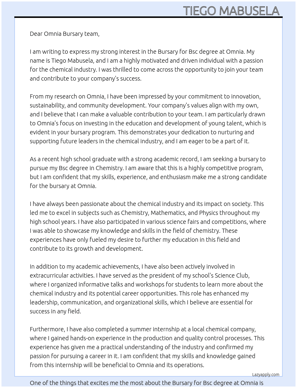 Bursary for Bsc degree  At Omnia Bursary  Cover Letter