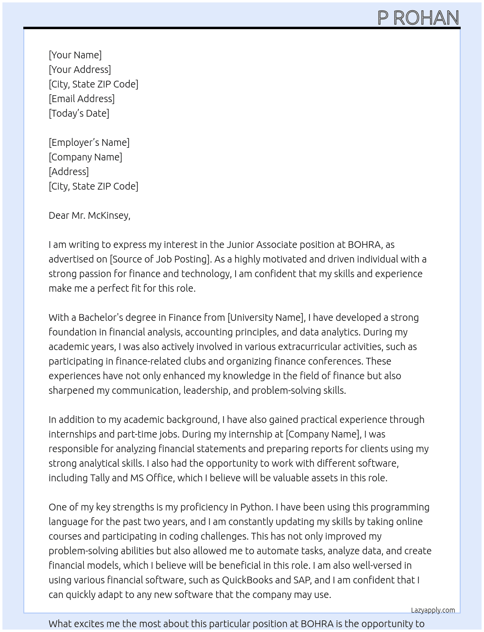junior associate At BOHRA Cover Letter