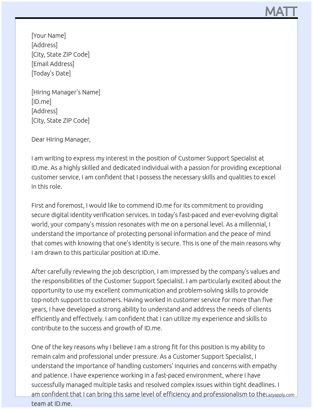 Customer Support Specialist At ID.me Cover Letter
