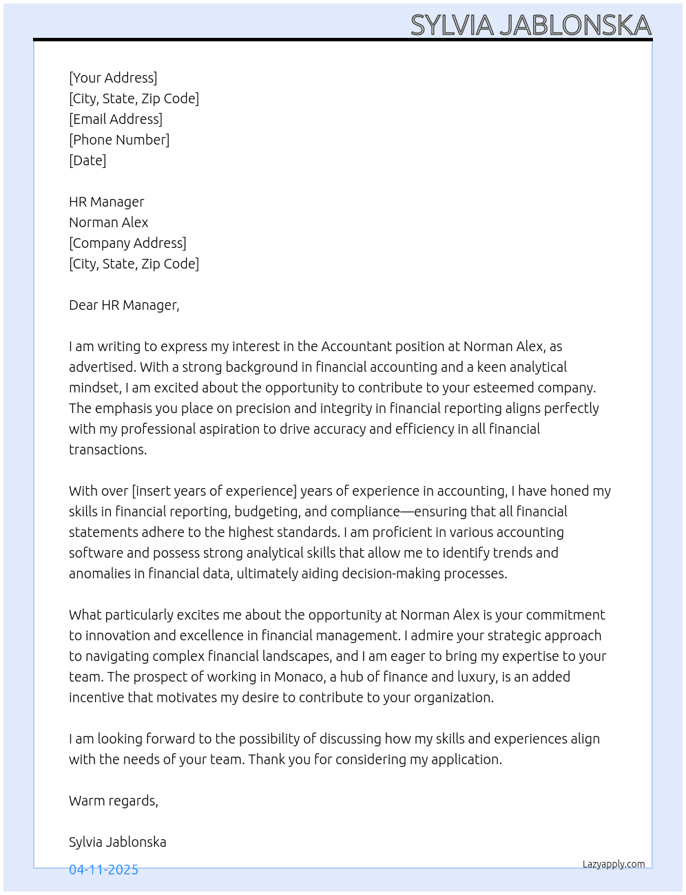 Accountant At Norman Alex Cover Letter