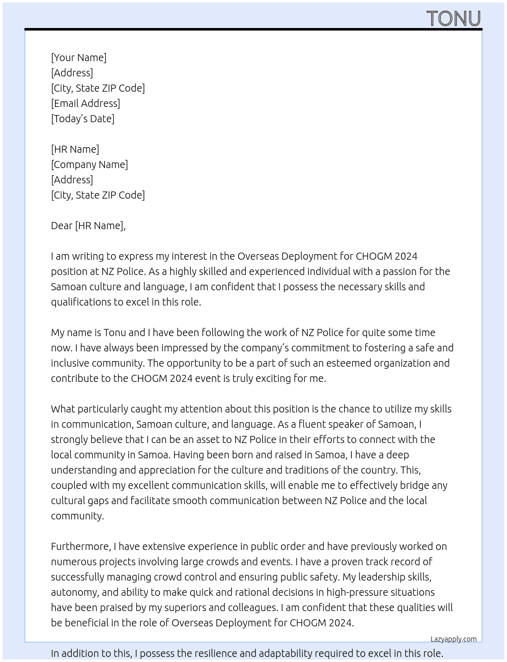 Overseas deployment for CHOGM 2024 At NZ police  Cover Letter