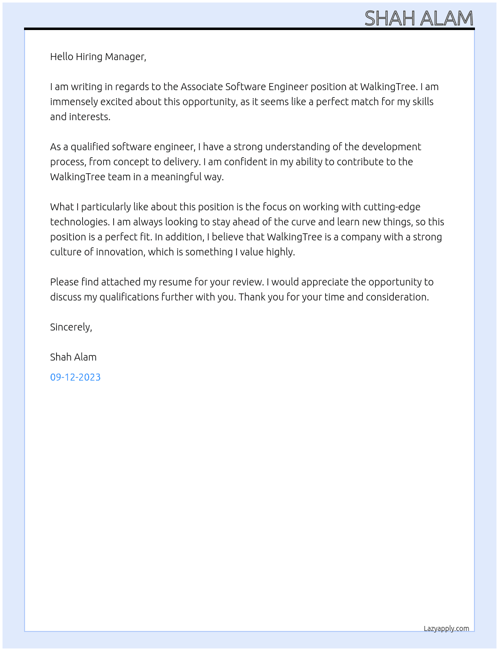 Associate Software Engineer At WalkingTree Cover Letter