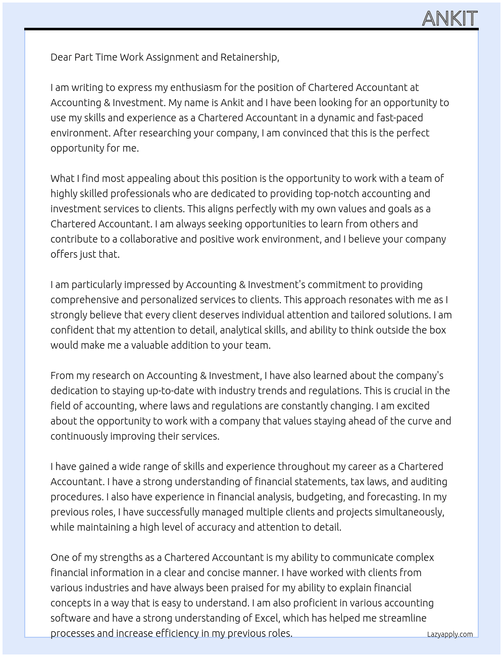 Chartered Accountant At Accounting & Investment Cover Letter