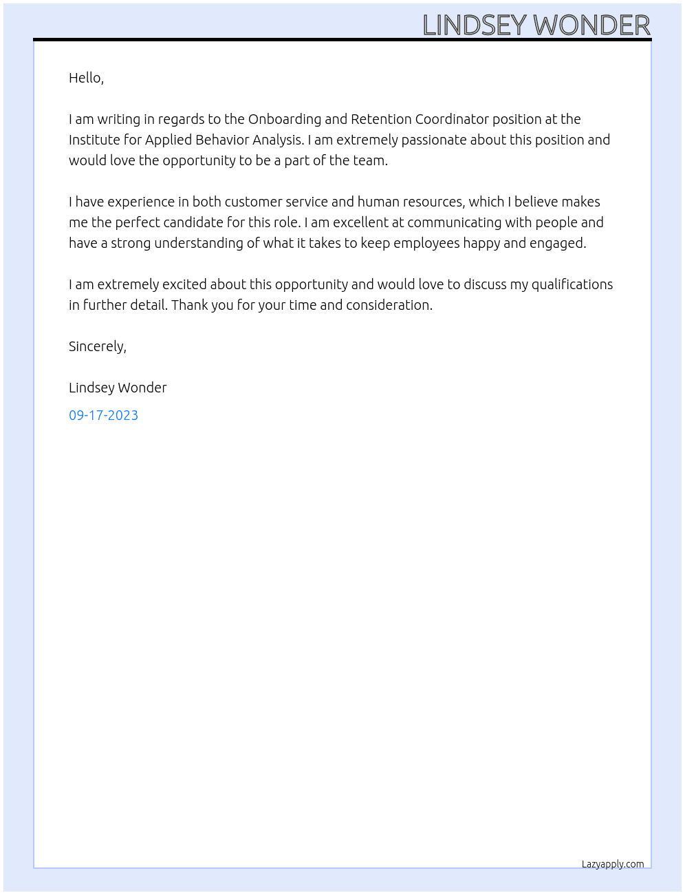 Onboarding and Retention Coordinator  At Institute for Applied Behavior Analysis Cover Letter