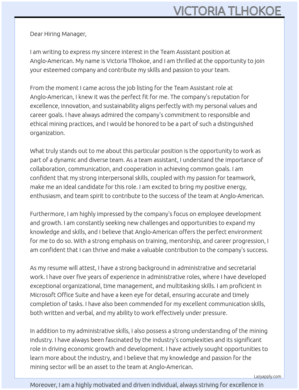 Team Assistant  At Anglo-American  Cover Letter