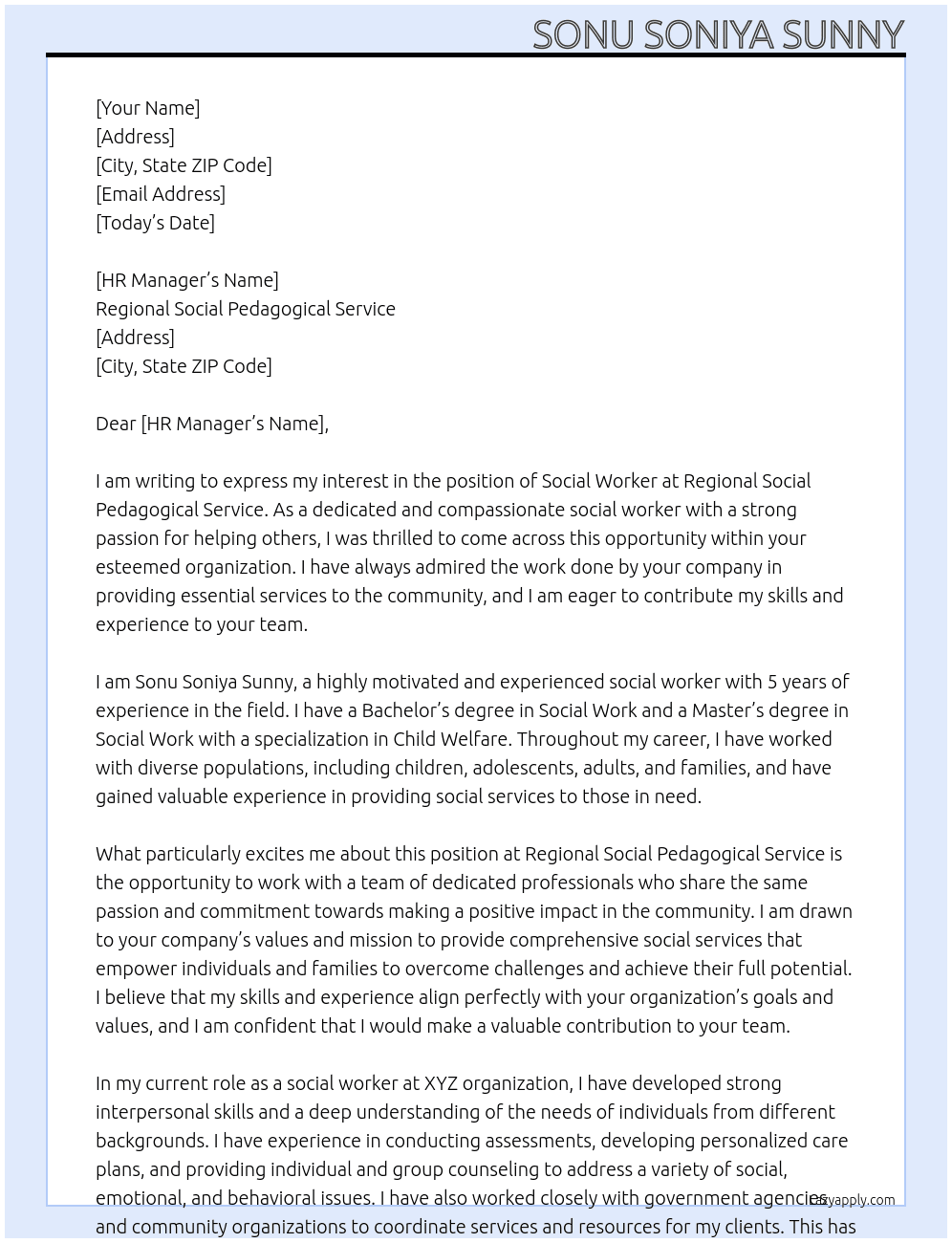 social worker At regional social pedagogical service Cover Letter