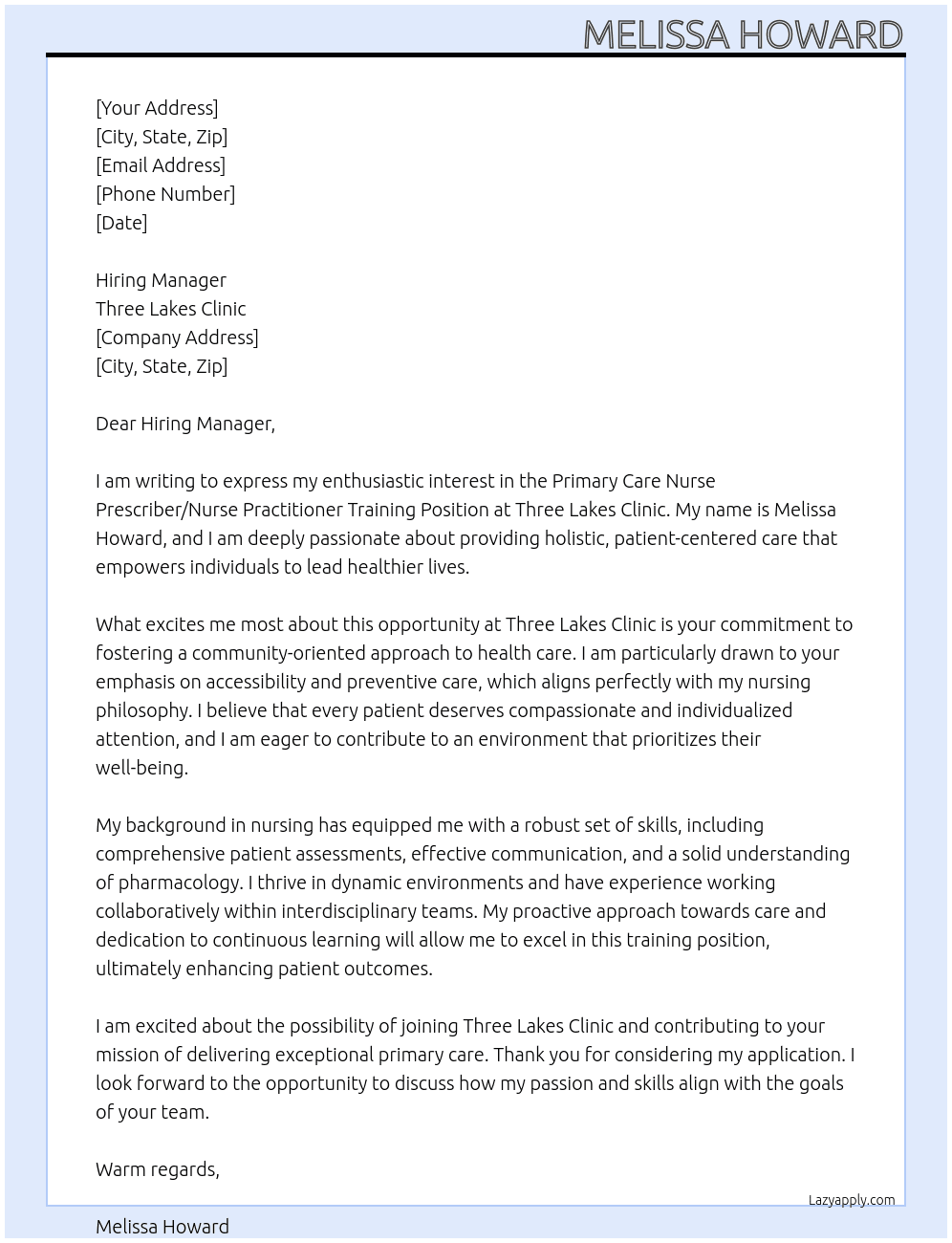 Primary Care Nurse Prescriber/Nurse Practitioner Training Position At Three lakes clinic Cover Letter
