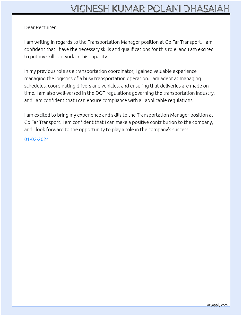 Transportation Manager At Go Far Transport Cover Letter