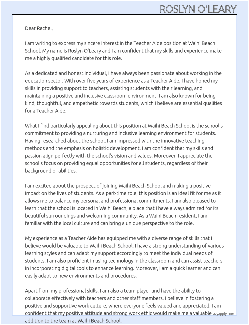 Teacher Aide At Waihi Beach School Cover Letter