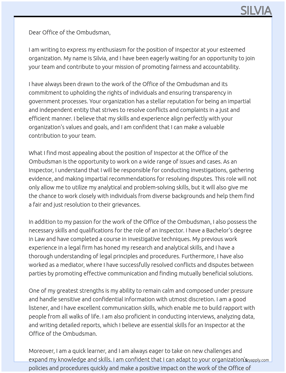 inspector At Office of the Ombudsman Cover Letter