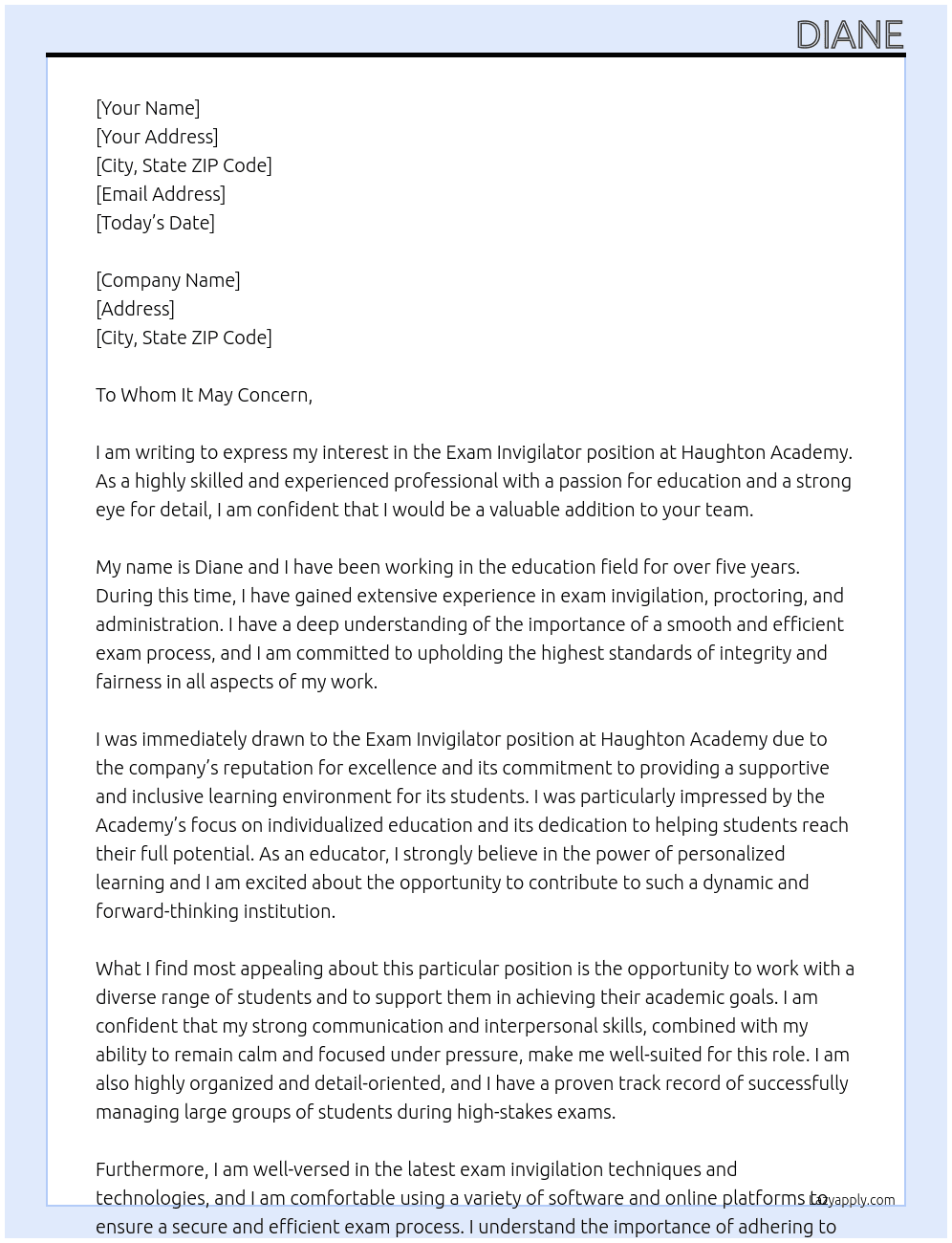 Exam Invigilator At Haughton Academy Cover Letter