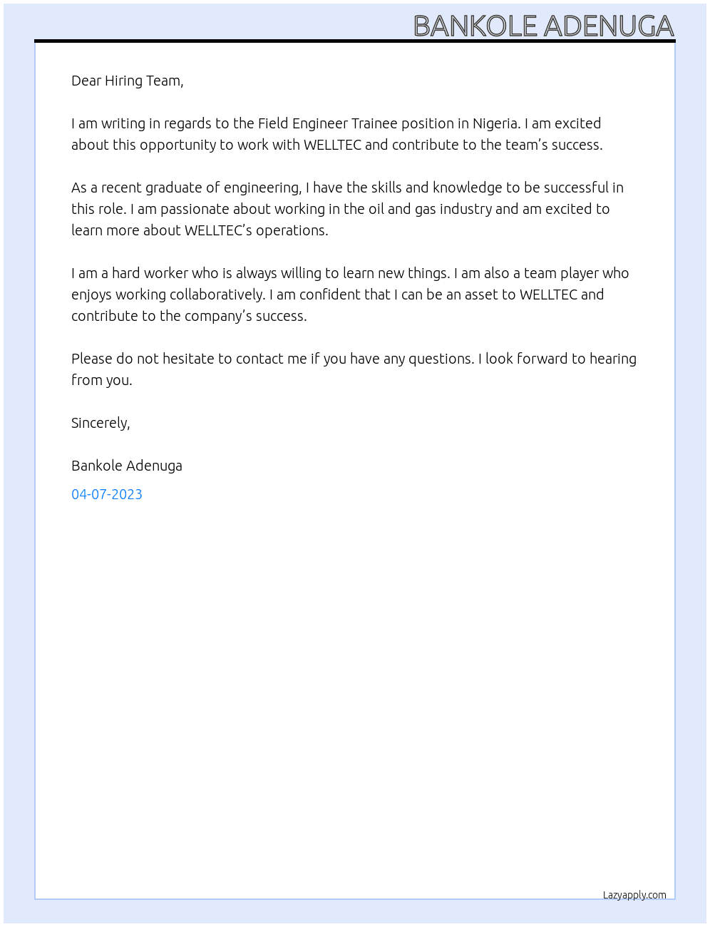 Field Engineer Trainee - Nigeria At WELLTEC Cover Letter