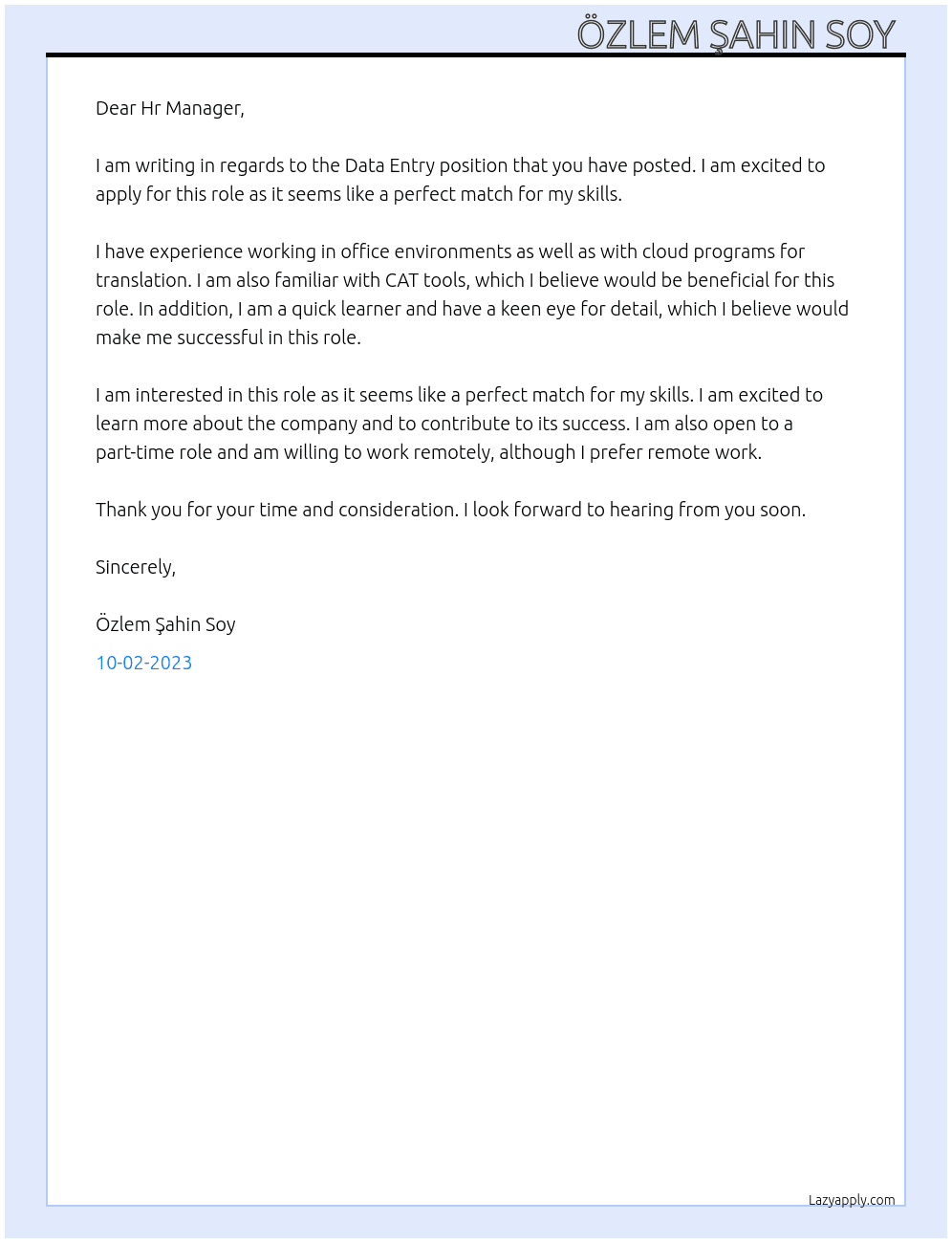 Data entry  At Hilly's  Cover Letter