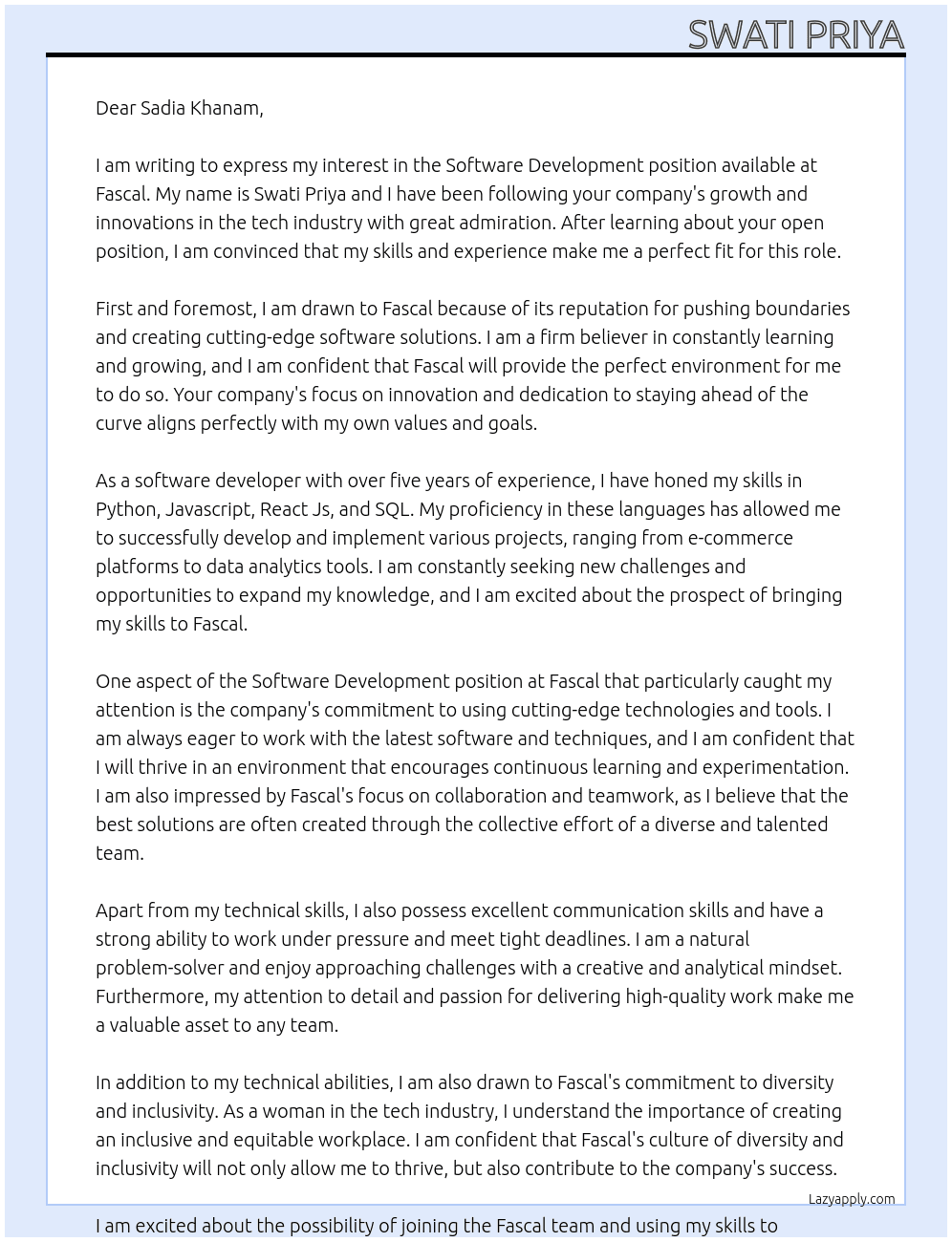Software Develoopment At Fascal Cover Letter