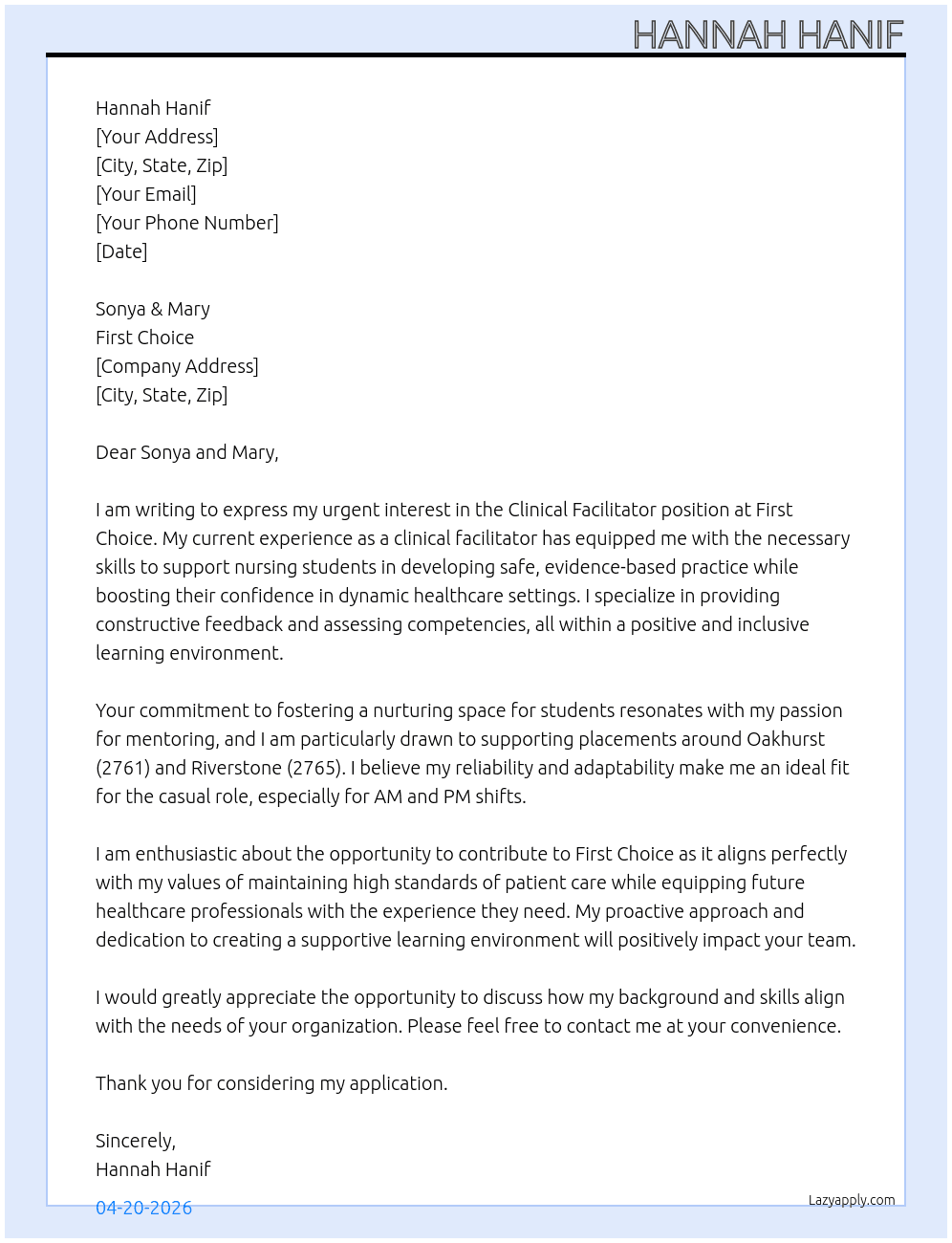 Cover letter for clinical facilitator - LazyApply