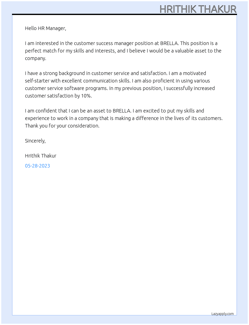 customer success manager At BRELLA Cover Letter