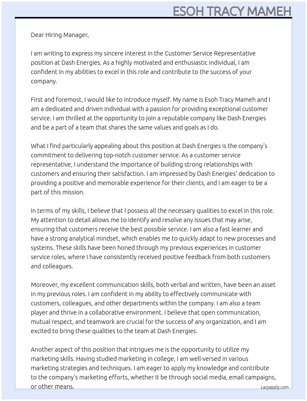 Customer Service Representative At Dash Energies Cover Letter