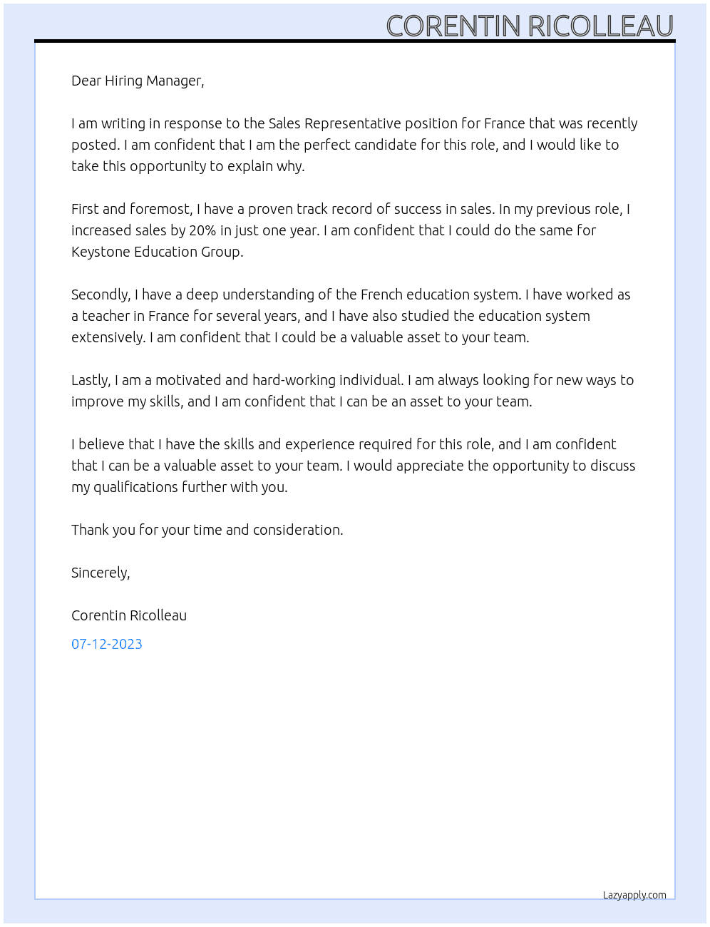 Sales Representative France At Keystone Education Group Cover Letter