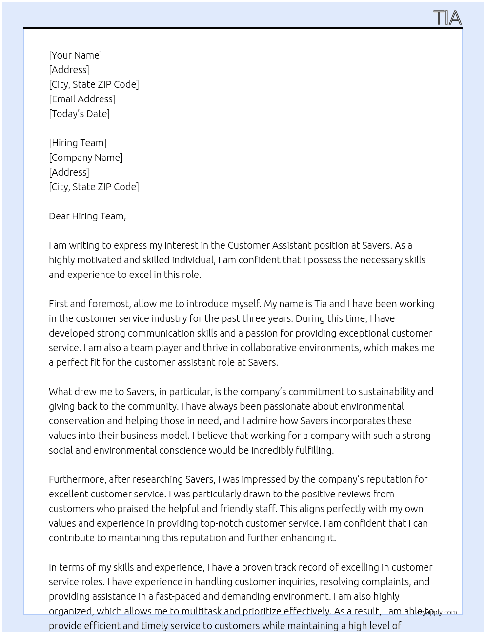 customer assistant At Savers Cover Letter