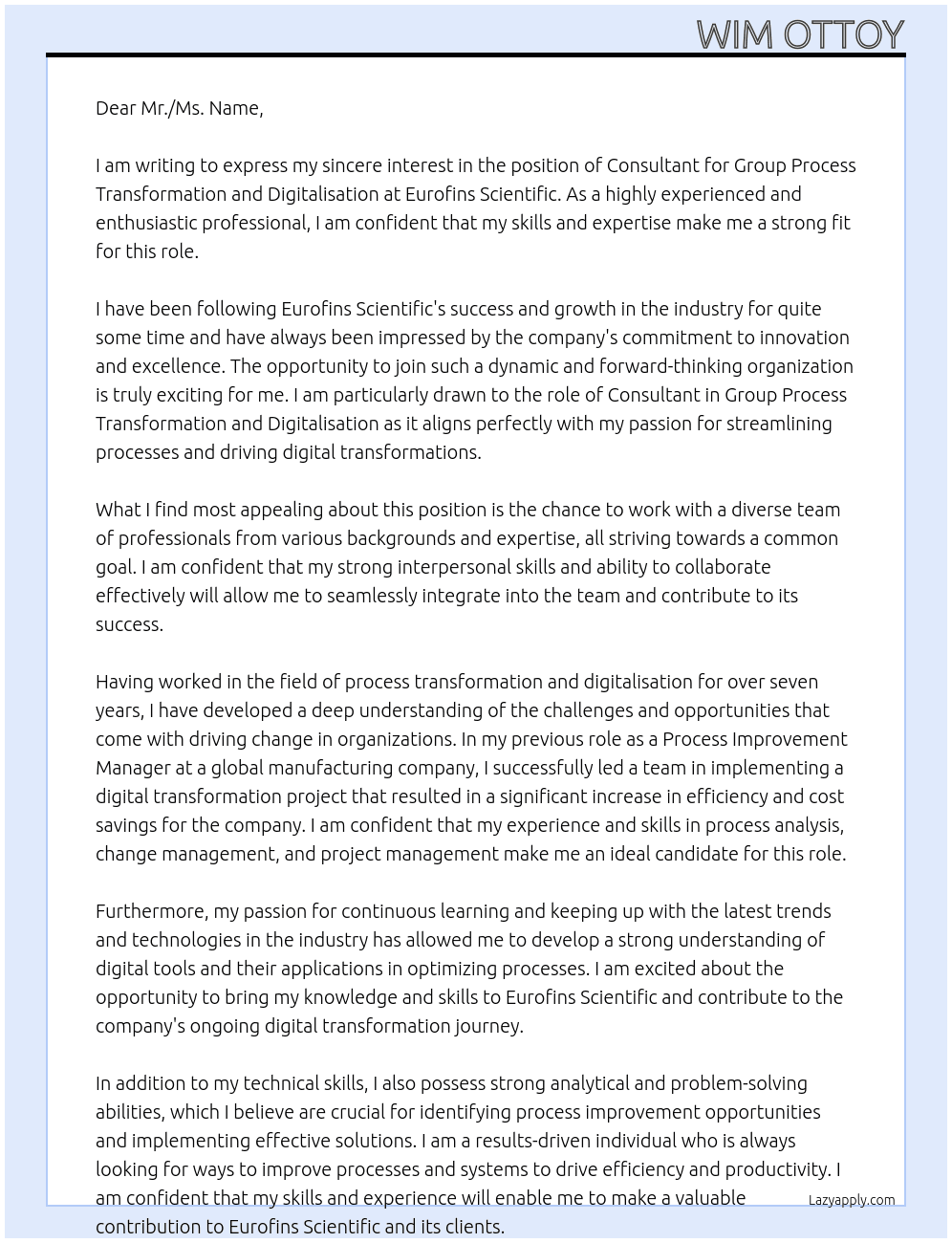 Consultant - Group Process Transformation and Digitalisation At Eurofins Scientific Cover Letter