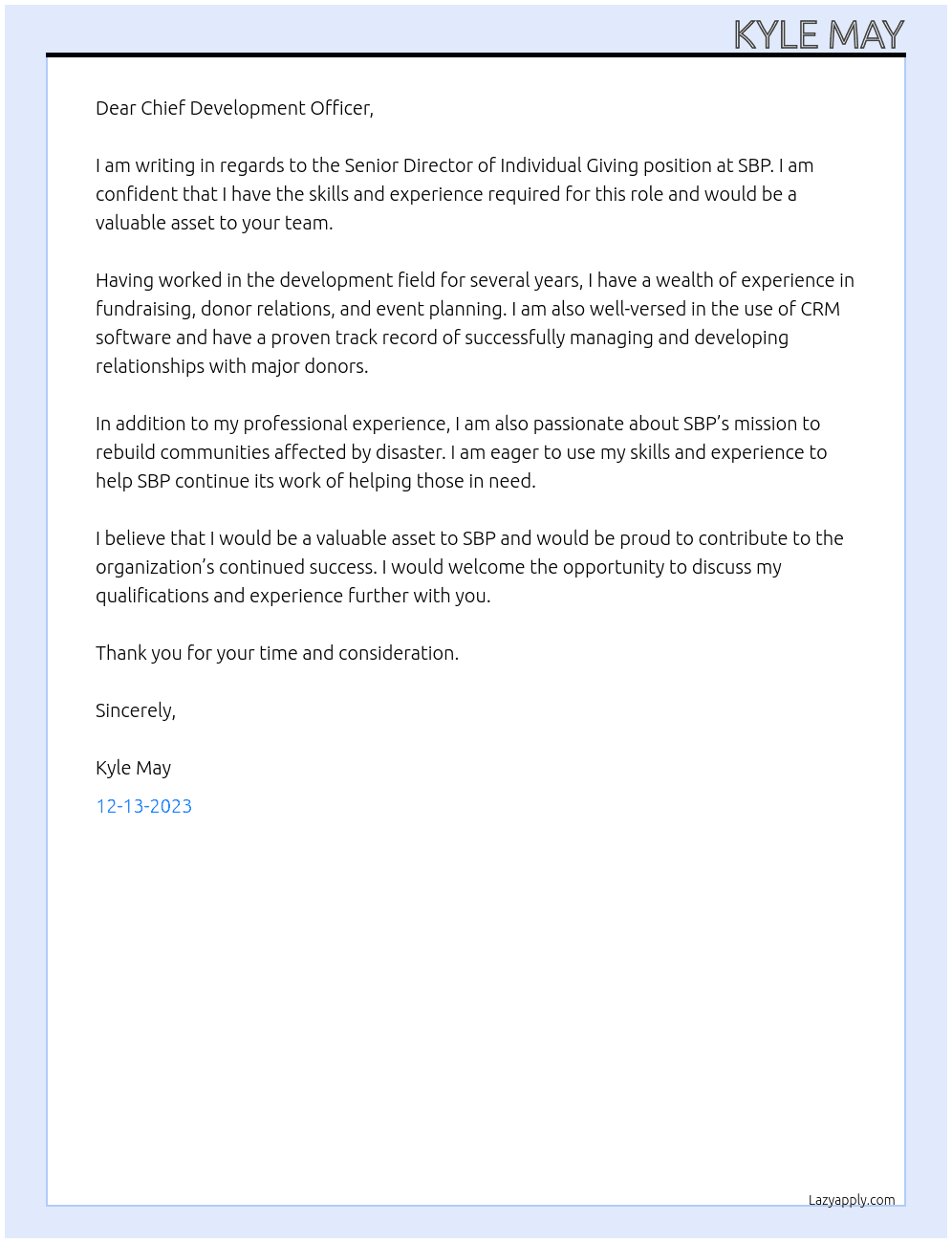 Senior Director of Individual Giving At SBP Cover Letter