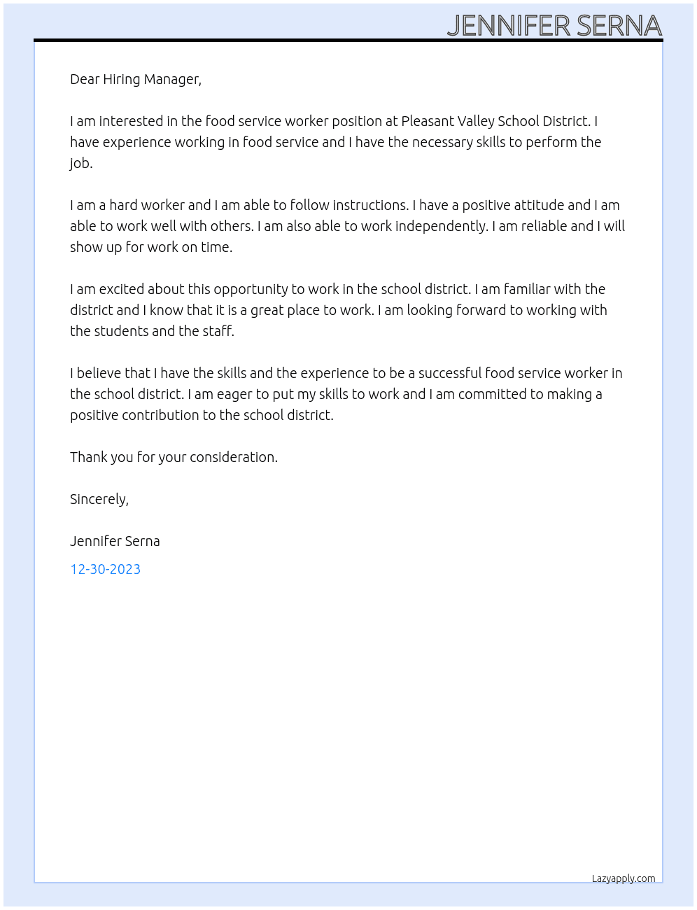 Food Service Worker At Pleasant Valley School District Cover Letter