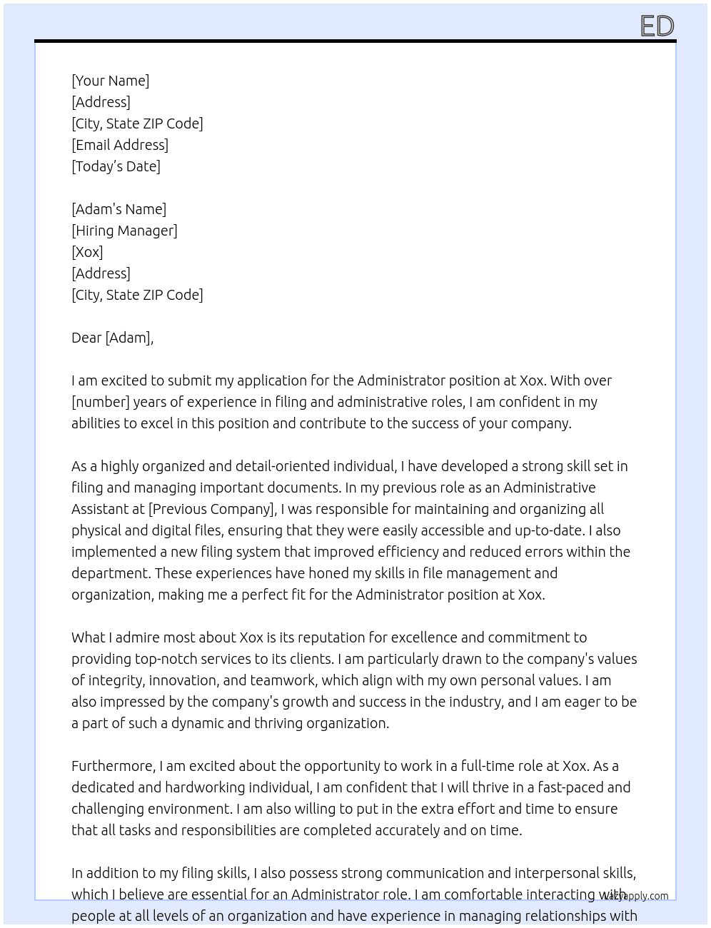 Administrator  At Xox Cover Letter