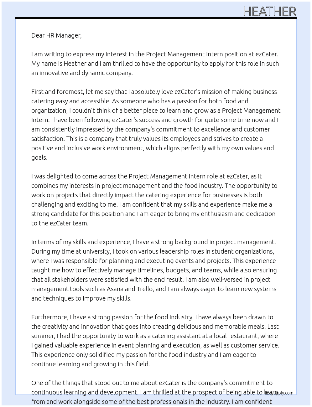 Project Management Intern At ezCater Cover Letter