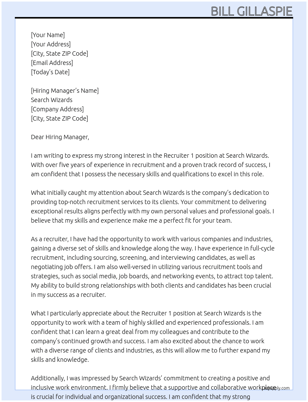 Recruiter 1 At Search Wizards Cover Letter