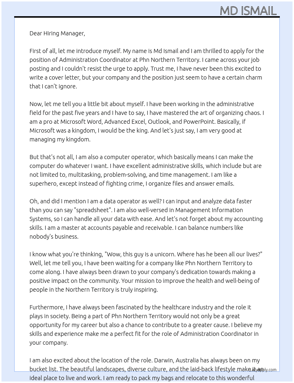 Administration Coordinator  At Phn Northern Territory  Cover Letter